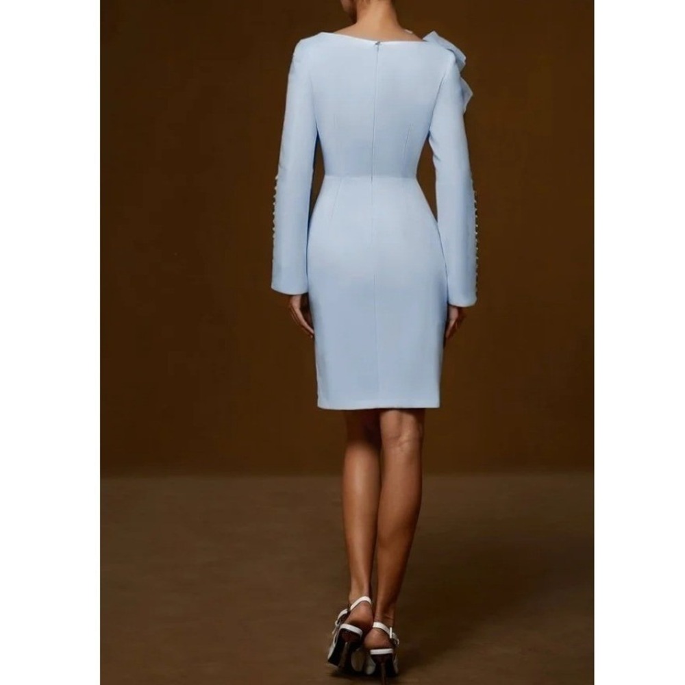 Fehaute Women's Light Blue Bow Long Sleeve Sheath Midi Dress Size S - Picture 2 of 11